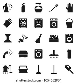 Flat vector icon set - broom vector, vacuum cleaner, mop, bucket, sponge, car fetlock, steaming, washer, washing powder, cleaning agent, rubber glove