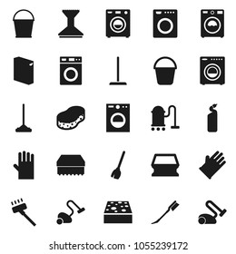 Flat vector icon set - broom vector, vacuum cleaner, mop, bucket, sponge, car fetlock, washer, washing powder, cleaning agent, rubber glove