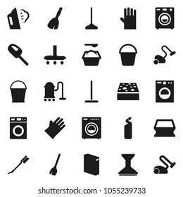 Flat vector icon set - broom vector, vacuum cleaner, mop, bucket, sponge, car fetlock, steaming, washer, washing powder, cleaning agent, rubber glove