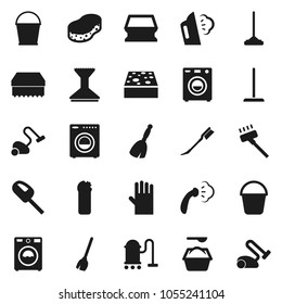 Flat vector icon set - broom vector, vacuum cleaner, mop, bucket, sponge, car fetlock, steaming, washer, washing powder, cleaning agent, rubber glove