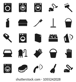 Flat vector icon set - broom vector, vacuum cleaner, mop, bucket, sponge, car fetlock, steaming, washer, washing powder, cleaning agent, rubber glove