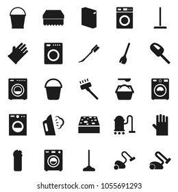 Flat vector icon set - broom vector, vacuum cleaner, mop, bucket, sponge, car fetlock, steaming, washer, washing powder, cleaning agent, rubber glove