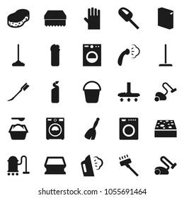 Flat vector icon set - broom vector, vacuum cleaner, mop, bucket, sponge, car fetlock, steaming, washer, washing powder, cleaning agent, rubber glove