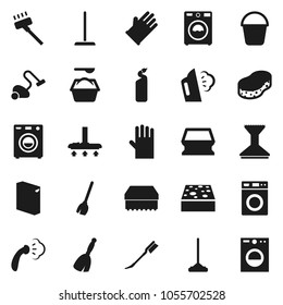 Flat vector icon set - broom vector, vacuum cleaner, mop, bucket, sponge, car fetlock, steaming, washer, washing powder, cleaning agent, rubber glove