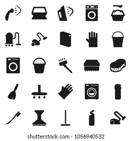 Flat vector icon set - broom vector, vacuum cleaner, mop, bucket, sponge, car fetlock, steaming, washer, washing powder, cleaning agent, rubber glove