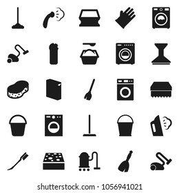 Flat vector icon set - broom vector, vacuum cleaner, mop, bucket, sponge, car fetlock, steaming, washer, washing powder, cleaning agent, rubber glove