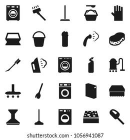 Flat vector icon set - broom vector, vacuum cleaner, mop, bucket, sponge, car fetlock, steaming, washer, washing powder, cleaning agent, rubber glove
