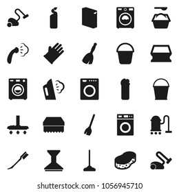 Flat vector icon set - broom vector, vacuum cleaner, mop, bucket, sponge, car fetlock, steaming, washer, washing powder, cleaning agent, rubber glove