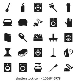 Flat vector icon set - broom vector, vacuum cleaner, mop, sponge, car fetlock, steaming, washer, washing powder, cleaning agent, rubber glove