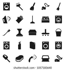 Flat vector icon set - broom vector, vacuum cleaner, mop, bucket, sponge, car fetlock, steaming, washer, washing powder, cleaning agent, rubber glove