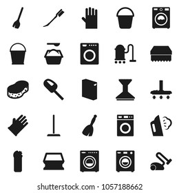 Flat vector icon set - broom vector, vacuum cleaner, mop, bucket, sponge, car fetlock, steaming, washer, washing powder, cleaning agent, rubber glove