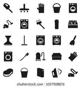 Flat vector icon set - broom vector, vacuum cleaner, mop, bucket, sponge, car fetlock, steaming, washer, washing powder, cleaning agent, rubber glove