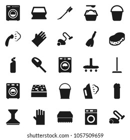Flat vector icon set - broom vector, vacuum cleaner, mop, bucket, sponge, car fetlock, steaming, washer, washing powder, cleaning agent, rubber glove