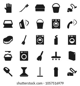 Flat vector icon set - broom vector, vacuum cleaner, mop, bucket, sponge, car fetlock, steaming, washer, washing powder, cleaning agent, rubber glove
