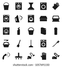 Flat vector icon set - broom vector, vacuum cleaner, mop, bucket, sponge, car fetlock, steaming, washer, washing powder, cleaning agent, rubber glove