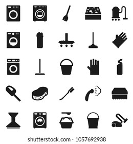 Flat vector icon set - broom vector, vacuum cleaner, mop, bucket, sponge, car fetlock, steaming, washer, washing powder, cleaning agent, rubber glove