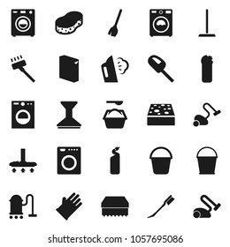 Flat vector icon set - broom vector, vacuum cleaner, mop, bucket, sponge, car fetlock, steaming, washer, washing powder, cleaning agent, rubber glove