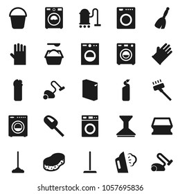 Flat vector icon set - broom vector, vacuum cleaner, mop, bucket, sponge, car fetlock, steaming, washer, washing powder, cleaning agent, rubber glove