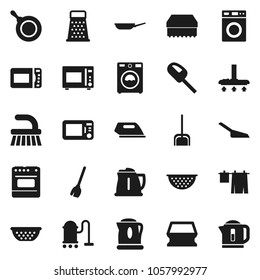 Flat vector icon set - broom vector, vacuum cleaner, fetlock, scoop, sponge, drying clothes, washer, pan, kettle, colander, grater, microwave oven, iron