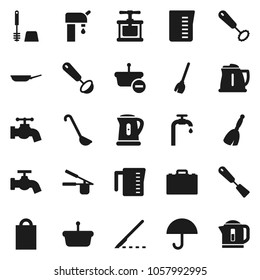 Flat vector icon set - broom vector, water tap, toilet brush, pan, kettle, measuring cup, cook press, whisk, spatula, ladle, case, umbrella, scalpel, supply, shopping bag, basket