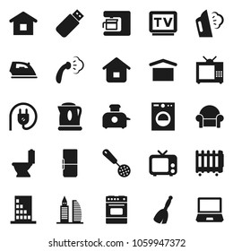 Flat vector icon set - broom vector, iron, steaming, toilet, skimmer, oven, dry cargo, tv, office building, cushioned furniture, fridge, home, power plug, washer, coffee maker, toaster, kettle, usb