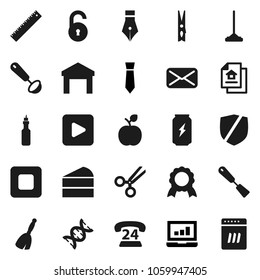 Flat vector icon set - broom vector, mop, clothespin, spatula, ladle, cake, oil, pen, ruler, apple fruit, medal, laptop graph, tie, enegry drink, phone 24, warehouse, protected, mail, play button