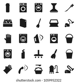 Flat vector icon set - broom vector, vacuum cleaner, bucket, sponge, car fetlock, steaming, washer, washing powder, cleaning agent, rubber glove