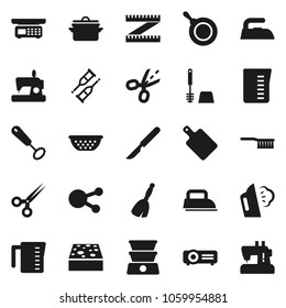 Flat vector icon set - broom vector, fetlock, sponge, iron, steaming, toilet brush, pan, colander, measuring cup, whisk, cutting board, social media, crutches, scissors, scalpel, coupon, projector