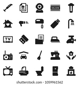 Flat vector icon set - broom vector, welcome mat, toilet, house hold, tv, garage, estate document, bath, love home, iron, fridge, mixer, meat grinder, blender, hair dryer, web camera, printer, usb