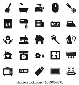 Flat vector icon set - broom vector, vacuum cleaner, steaming, house hold, skimmer, home, chalet, plan, sold signboard, apartments, bath, love, tv, iron, dishwasher, mixer, meat grinder, projector