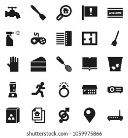 Flat vector icon set - broom vector, trash bin, water tap, welcome mat, sprayer, rubber glove, skimmer, spatula, cereal, cake, book, run, attention, gamepad, gender sign, hospital building, hub, pin