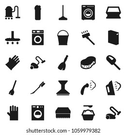 Flat vector icon set - broom vector, vacuum cleaner, mop, bucket, sponge, car fetlock, steaming, washer, washing powder, cleaning agent, rubber glove