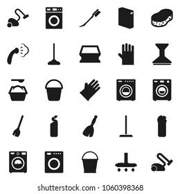 Flat vector icon set - broom vector, vacuum cleaner, mop, bucket, sponge, car fetlock, steaming, washer, washing powder, cleaning agent, rubber glove