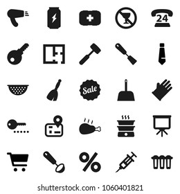 Flat vector icon set - broom vector, scoop, rubber glove, colander, spatula, ladle, meat hammer, chicken leg, presentation, cart, tie, enegry drink, no alcohol sign, first aid kit, navigator, plan