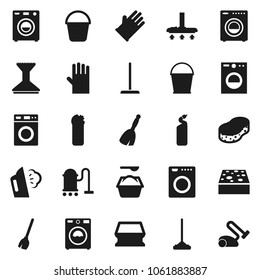 Flat vector icon set - broom vector, vacuum cleaner, mop, bucket, sponge, car fetlock, steaming, washer, washing powder, cleaning agent, rubber glove