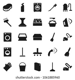 Flat vector icon set - broom vector, vacuum cleaner, mop, bucket, sponge, car fetlock, steaming, washing powder, cleaning agent, rubber glove, washer