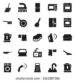 Flat vector icon set - broom vector, fetlock, scoop, sponge, steaming, drying clothes, washer, sink, water tap, pan, kettle, grater, microwave oven, fridge