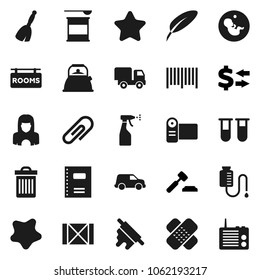Flat vector icon set - broom vector, trash bin, splotch, sprayer, cleaner woman, kettle, rolling pin, copybook, pen, exchange, auction, sports nutrition, car, wood box, vial, pregnancy, patch, star