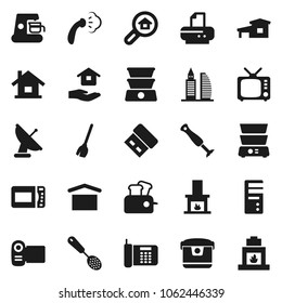 Flat vector icon set - broom vector, steaming, house hold, skimmer, double boiler, dry cargo, tv, cottage, office building, search estate, fireplace, coffee maker, multi cooker, microwave oven, usb