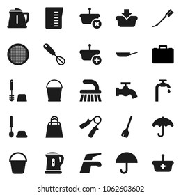 Flat vector icon set - broom vector, water tap, fetlock, bucket, car, toilet brush, pan, kettle, measuring cup, whisk, sieve, case, hand trainer, umbrella, supply, shopping bag, basket
