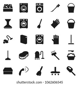 Flat vector icon set - broom vector, vacuum cleaner, mop, bucket, sponge, car fetlock, steaming, washer, washing powder, rubber glove