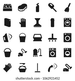 Flat vector icon set - broom vector, vacuum cleaner, mop, bucket, sponge, car fetlock, steaming, washer, washing powder, cleaning agent, rubber glove