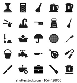 Flat vector icon set - broom vector, bucket, water tap, car, toilet brush, pan, kettle, cook press, spatula, grater, sieve, case, hand trainer, umbrella, scalpel, basket