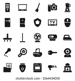 Flat vector icon set - broom vector, vacuum cleaner, mop, tv document, search, key, home protect, iron, fridge, oven, blender, epilator, hair dryer, fan, camera, computer, microphone, web