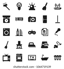 Flat vector icon set - broom vector, vacuum cleaner, mop, bath, oven, tv, estate document, office building, fireplace, fridge, iron, washer, siren, coffee maker, kitchen scales, camera, microphone