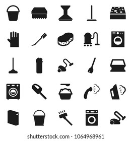 Flat vector icon set - broom vector, vacuum cleaner, mop, bucket, sponge, car fetlock, steaming, washer, washing powder, cleaning agent, rubber glove