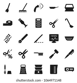 Flat vector icon set - broom vector, fetlock, rake, sponge, steaming, toilet brush, pan, colander, measuring cup, ladle, meat hammer, grater, double boiler, blender, pen, scissors, crutches, scalpel