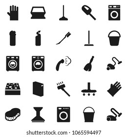 Flat vector icon set - broom vector, vacuum cleaner, mop, bucket, sponge, car fetlock, steaming, washer, washing powder, cleaning agent, rubber glove