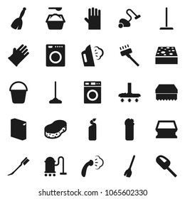 Flat vector icon set - broom vector, vacuum cleaner, mop, bucket, sponge, car fetlock, steaming, washer, washing powder, cleaning agent, rubber glove