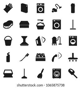 Flat vector icon set - broom vector, vacuum cleaner, mop, bucket, sponge, car fetlock, steaming, washer, washing powder, cleaning agent, rubber glove